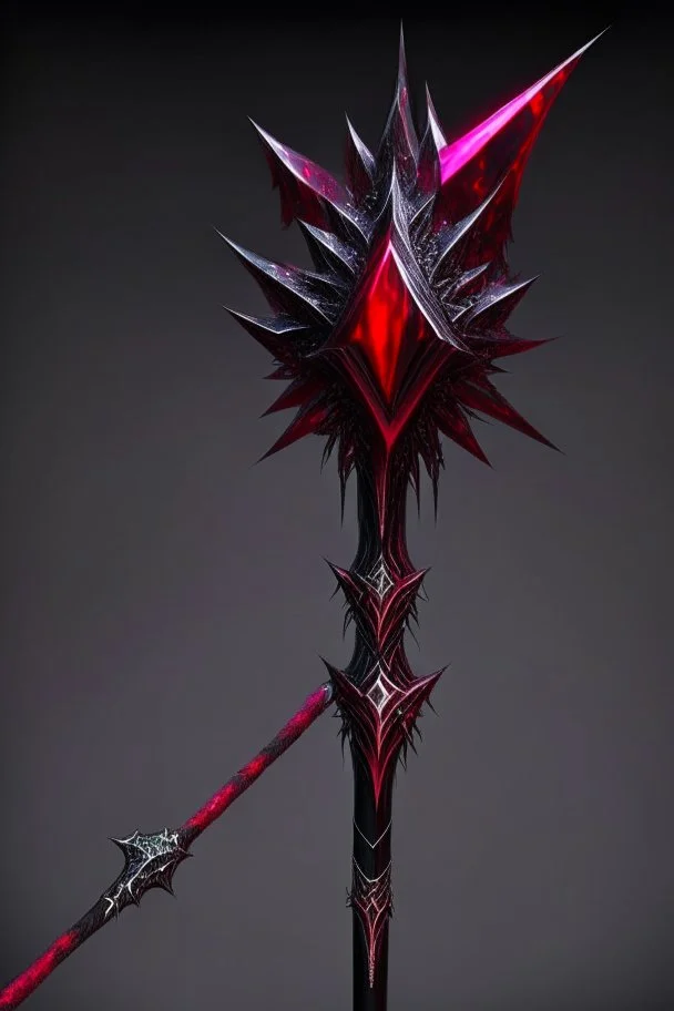 A sorceress evil staff that is a mix colors of red and black crystals and sharp edges