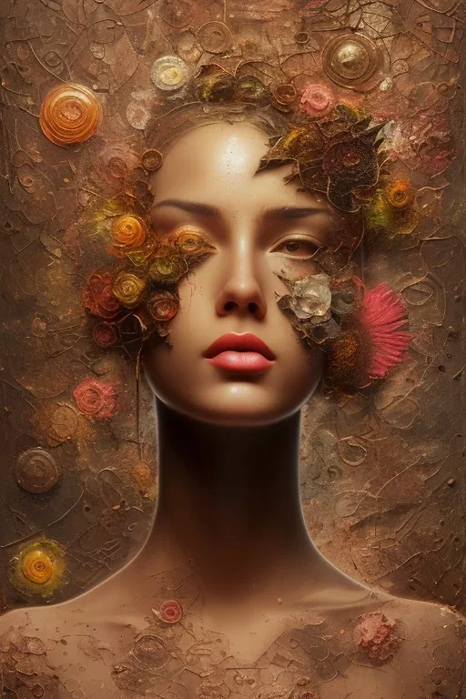 an abstract painting of rusted metal and flowers, portrait, rust, scaffolding, iron cladding, decay, mixed media, textured, anatomically correct, beautiful perfect face, sharp focus, highly detailed