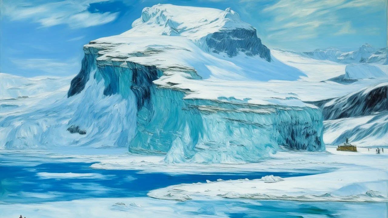 A cyan glacier island covered in snow painted by Claude Monet