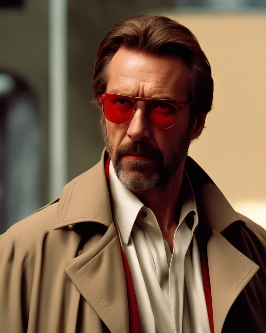 hans gruber wearing a trench coat and red sunglasses staring with a judgmental look on his face