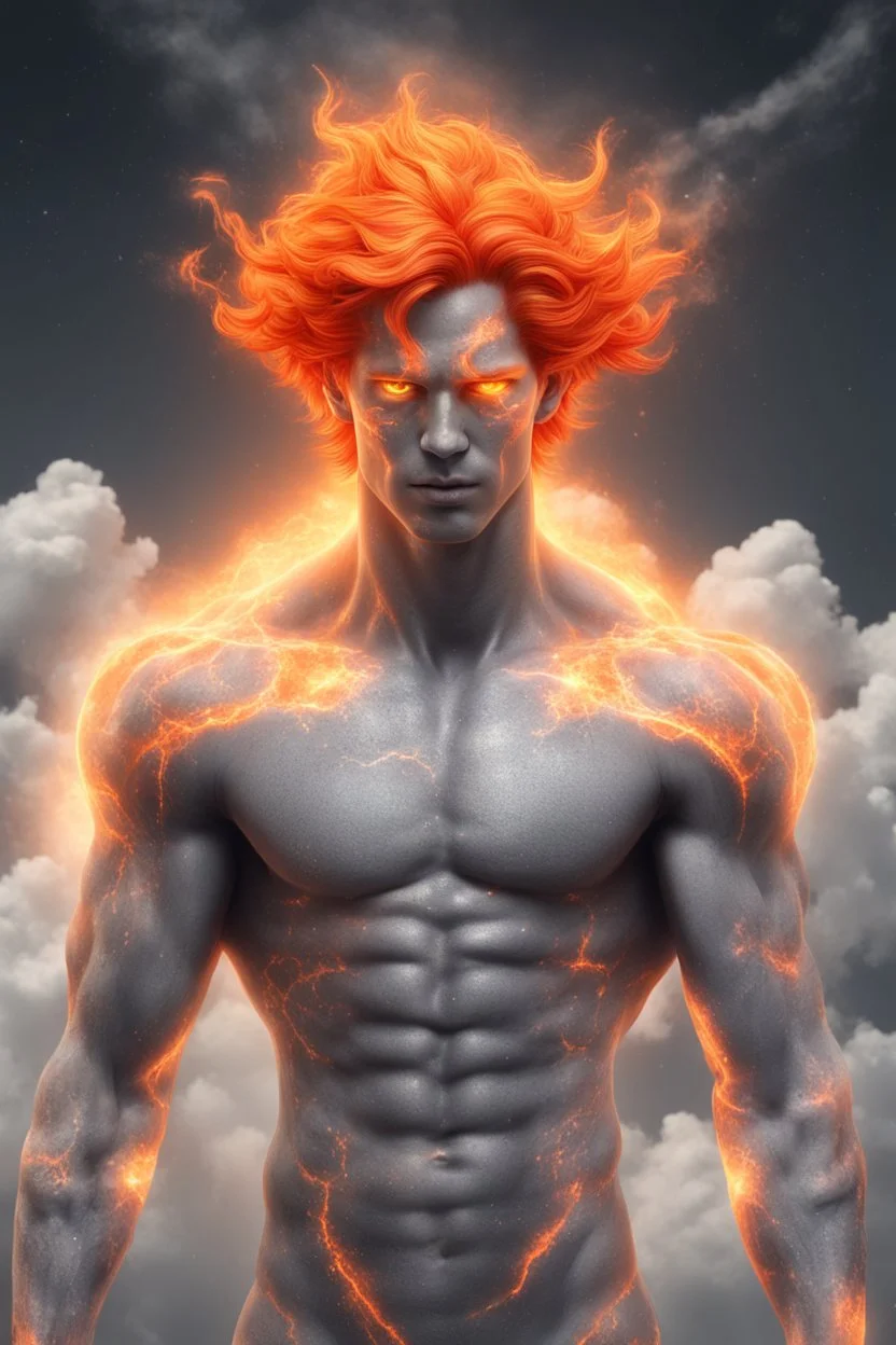 full body picture of a slim muscular god with galaxy's in his eyes, glowing orange hair that looks like it's made of the sun, a light gray body made of clouds with glowing cracks of orange within it in cloud patterns. realistic 4k