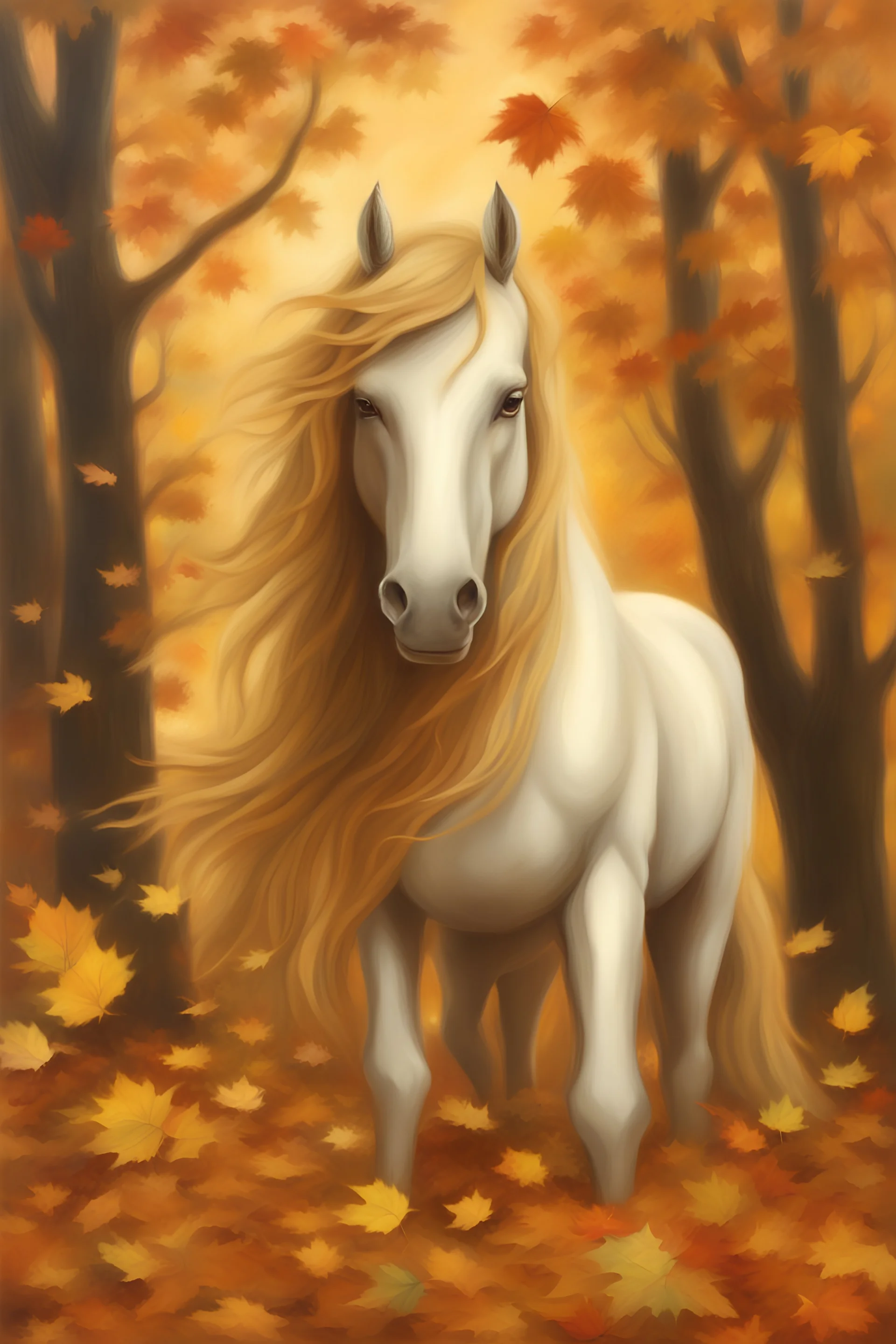 unicorn, with a brown coat and golden mane and tail, standing in a forest filled with colorful autumn leaves, conveying a sense of tranquility and peace, oil painting, created with canvas and oil paints, --ar 9:16 --v 4