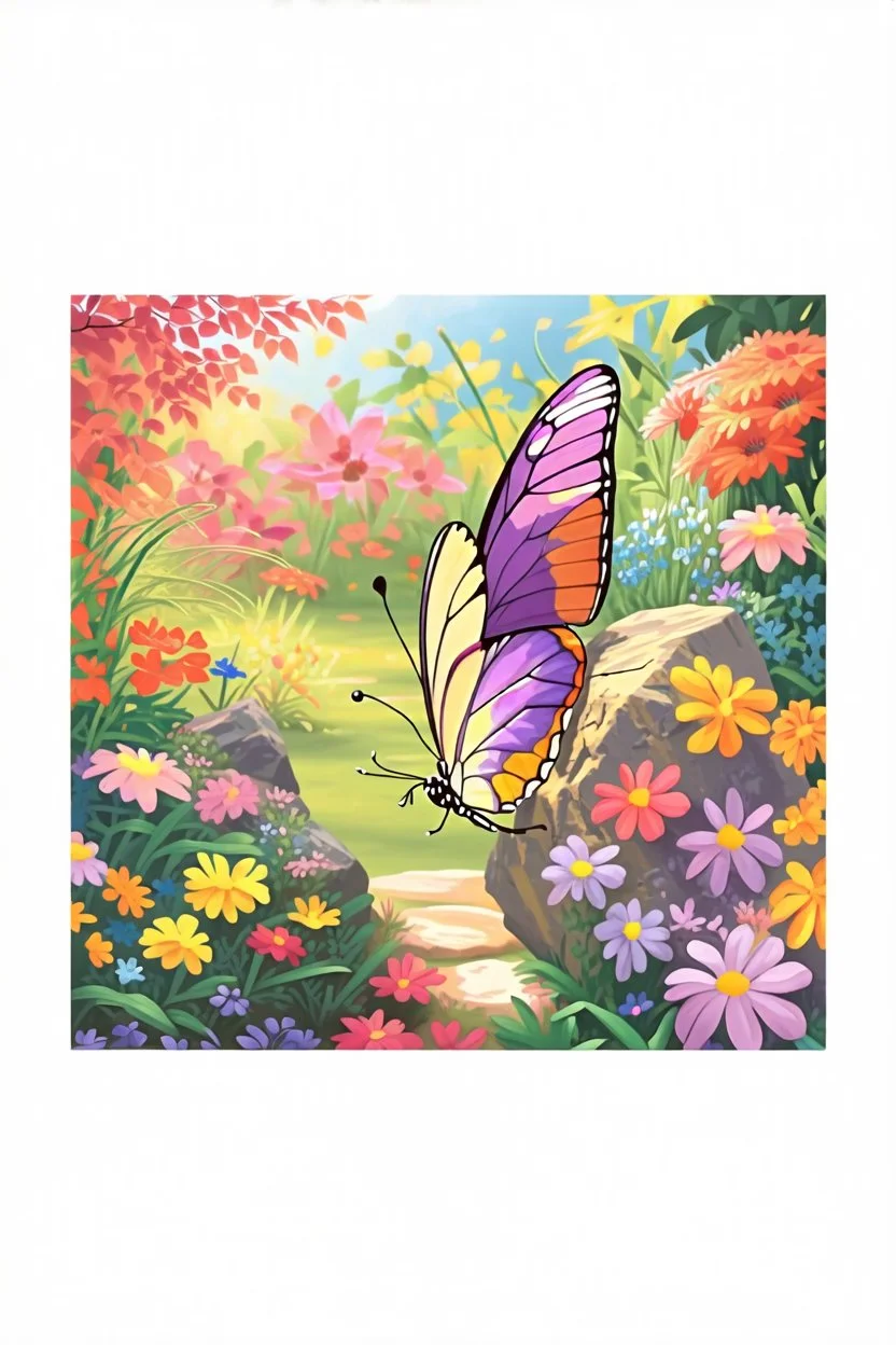 a striking, purple butterfly on a rock in a colorful garden background , child book illustration style, butterfly must be the same as reference image