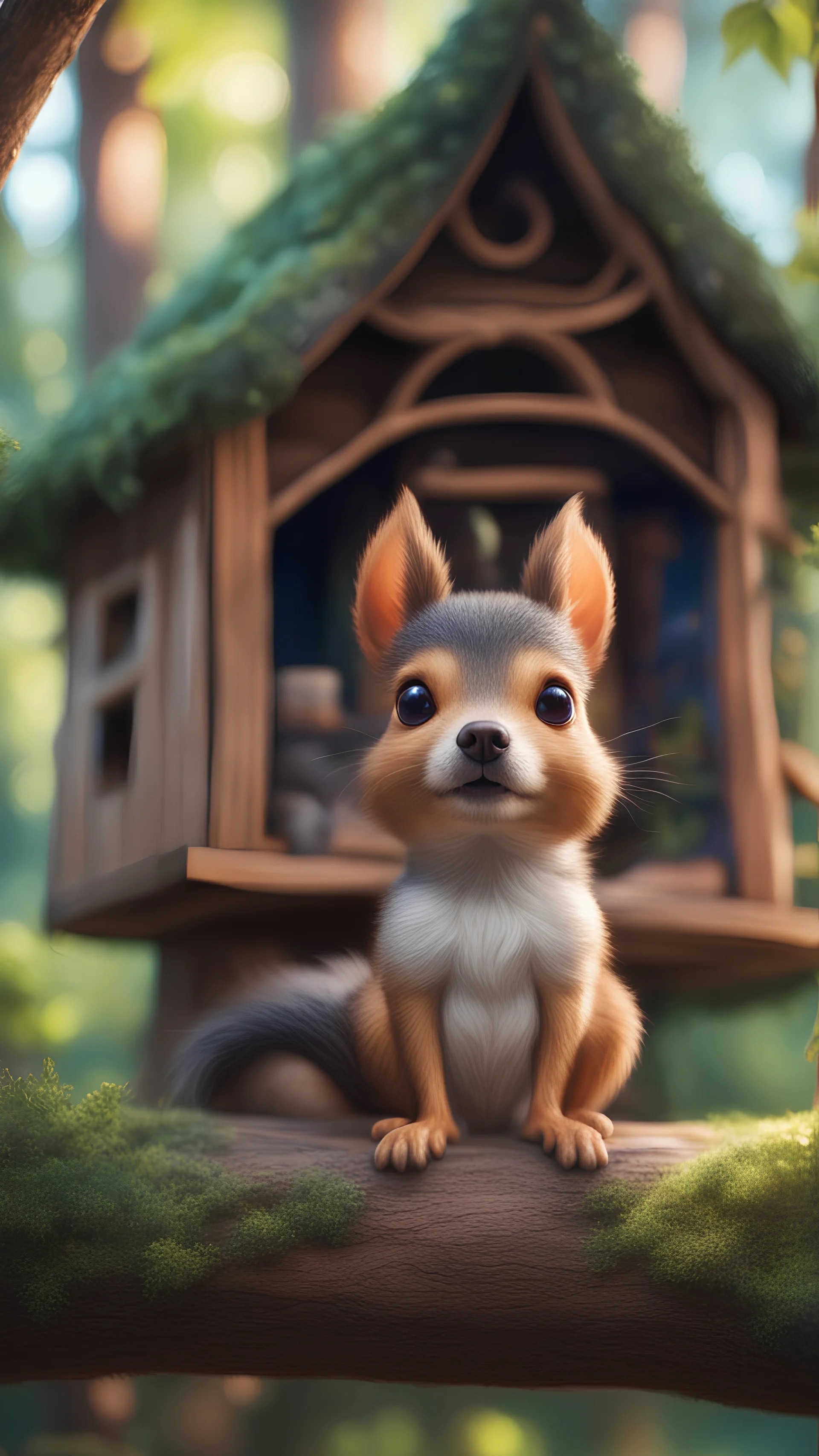 portrait of sleepy dog bug squirrel in a tree house in wonderful enchanted forest by river,bokeh like f/0.8, tilt-shift lens 8k, high detail, smooth render, down-light, unreal engine, prize winning