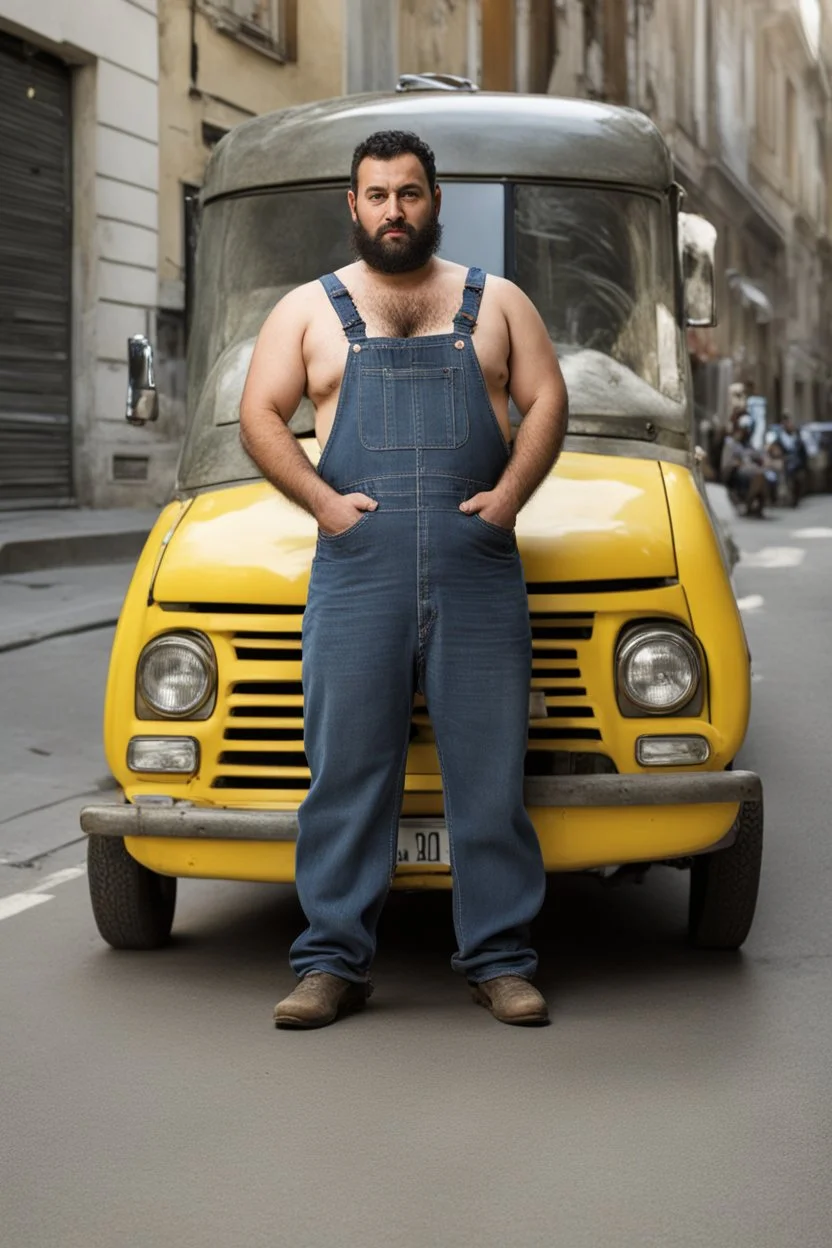 half figure photography of an ugly 36 year old chubby robust burly turkish plumber, wearing his work unbuttoned bulging overalls, bulge, leaning with his back to his van, arms folded and emotive look, ajar mouth, hairy chest, , very virile, short black beard, shaved hair, sweat, , in a sunny street, photorealistic , frontal view from the ground