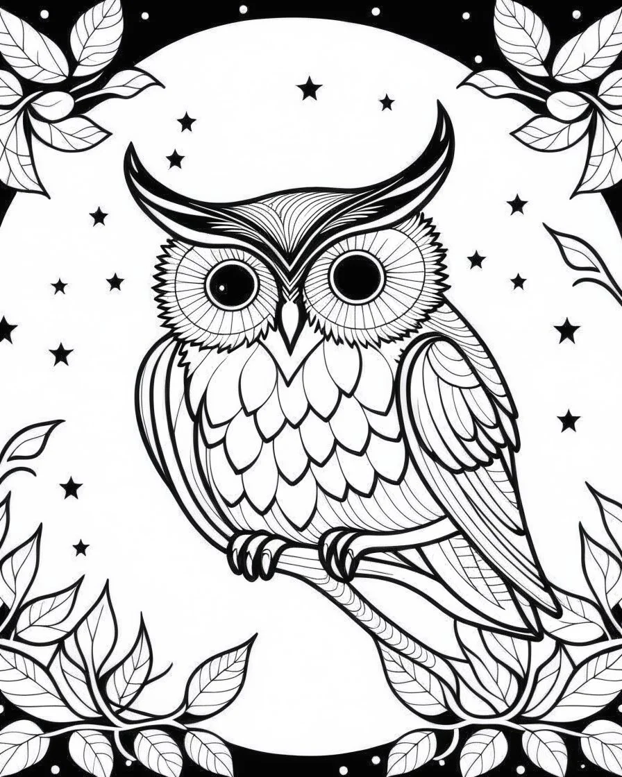 Coloring page: A cute owl perched on a branch, surrounded by twinkling stars in the night sky.
