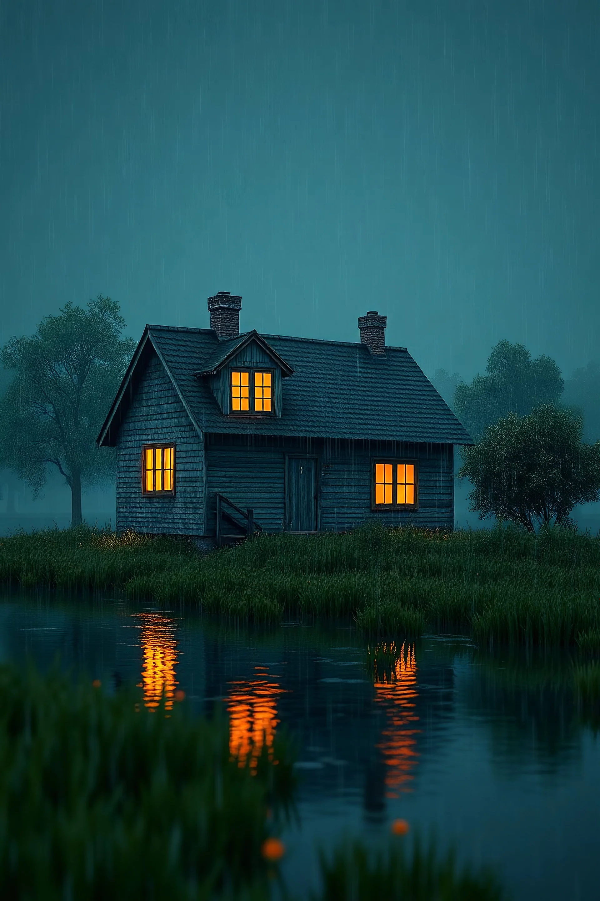 3d render high quality sebuah rumah tua kecil di dekat danau dengan gerimis. nampak jendela yang diterangi oleh lampu berwarna orange. keadaan malam hari. ambil gambar dari jauh