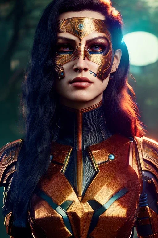 Cyborg warrior, waist up portrait, 8k resolution, intricate details, ornate details, soft lighting, vibrant colors, retroanime, masterpiece, intricate eyeliner, dark eyeshadow, eyes, facepaint, hair, intricate tattoos, jungle background