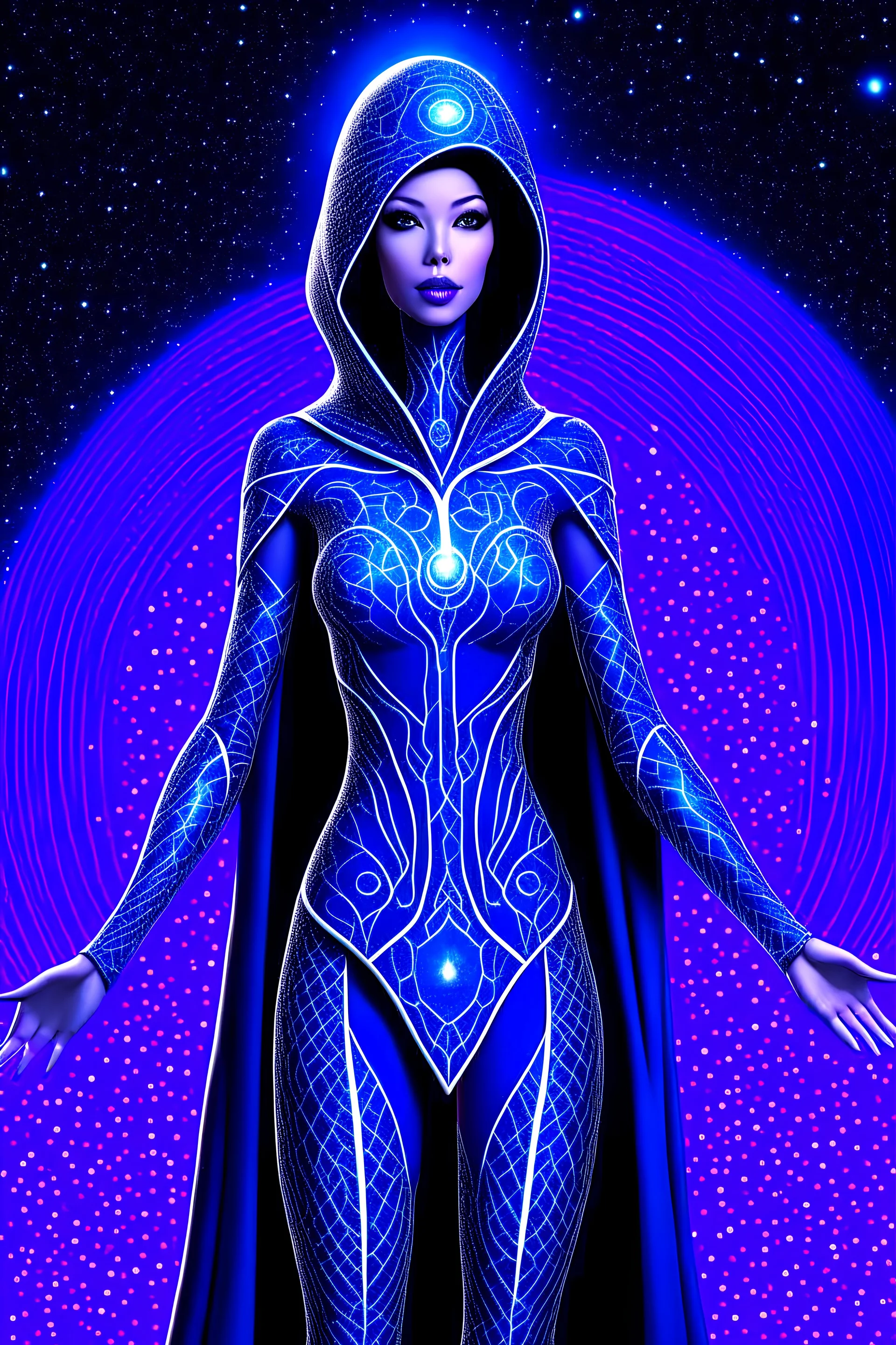 Quantum Quasar wears a sleek and high-tech suit that combines cosmic aesthetics with modern functionality. The suit is primarily a deep indigo color, adorned with shimmering constellations and galaxies that seem to shift and twinkle as if they were alive. The suit enhances Shanteria's natural grace and athleticism while providing advanced protection and mobility. She wears a cosmic cape that flows like the night sky and a helmet with a visor that can project holographic displays.