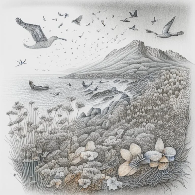 A pencil drawing of a landscape with mountains, ocean, a flock of birds and a lot of wild flowers.