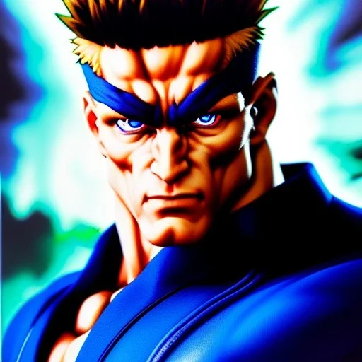 Ultra detailed fullbody Portrait in oil on canvas of Street Fighter- Guile,extremely detailed digital painting,ultrarealistic skin,intense stare, extremely detailed face, crystal clear eyes, mystical colors ,perfectly centered image, perfect composition, rim light, beautiful lighting,masterpiece ,8k, stunning scene, raytracing, anatomically correct, in the style of Simon Bisley and Ohrai Noriyoshi and robert e howard and Steve Jung and frank frazetta.