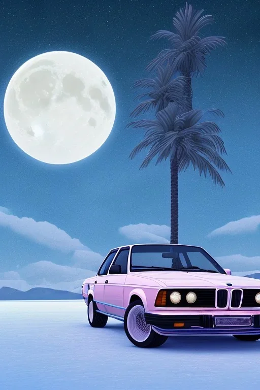 1980's aesthetic vaporwave palm trees with lighting with moon with bmw in the winter snow