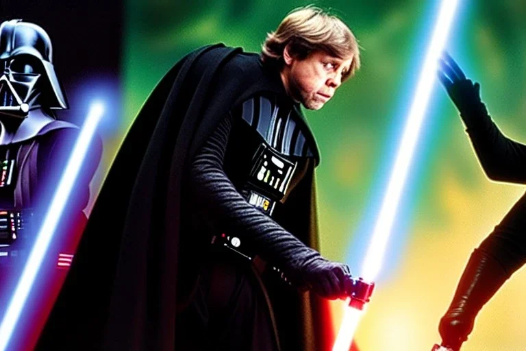 Luke Skywalker is a cat and Darth Vader is a cat. fighting with light sowords