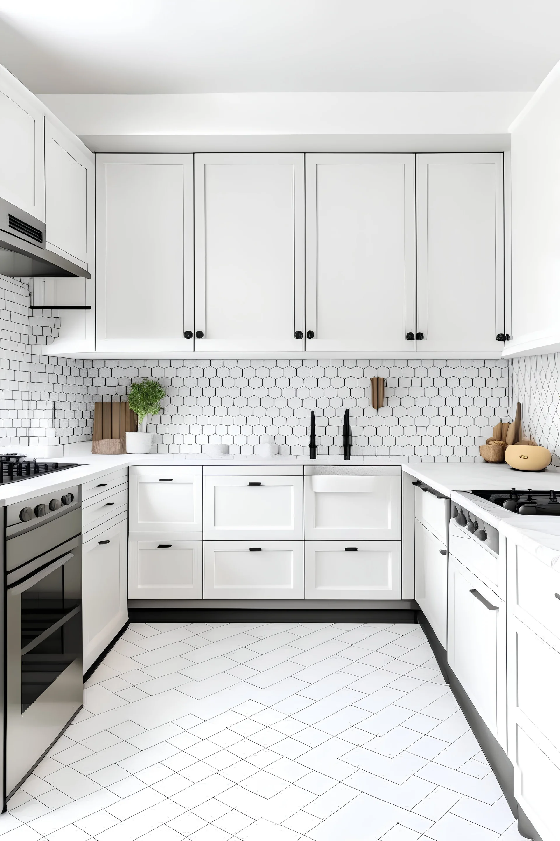 white shaker kitchen, cupboards at the bottom and top with black handles , with white work surface, hexagon white marble backsplash, white plain floor and small plant and wicker baskets