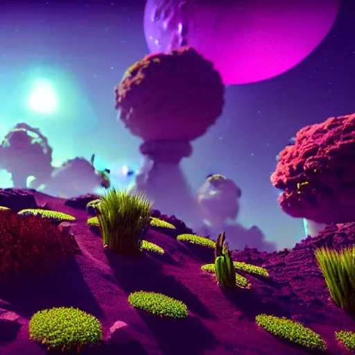 scifi landscape, lighting plants, flovers, another planet in sky, alien animals, beautiful, attractive, carnivore, deep colours, 8k resolution, dynamic lighting, ultra hyperdetailed, intricately detailed, Unreal Engine 5, ultra colourful, very small details