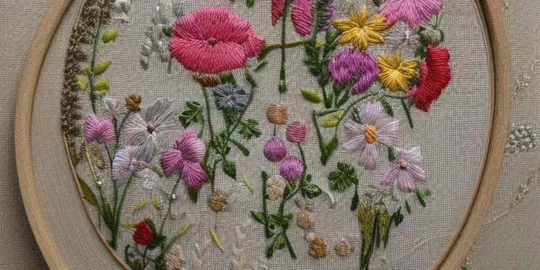 exquisite whimsical garden in embroidery hoop, intricate, highly detailed, linen and wood backdrop