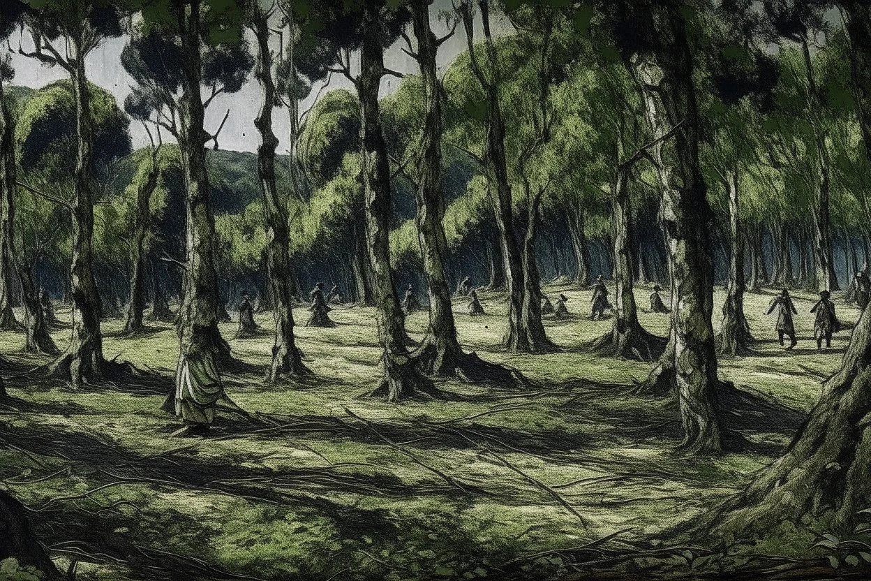 A forest with zombies within it. Tokyo Japan, Samurai.