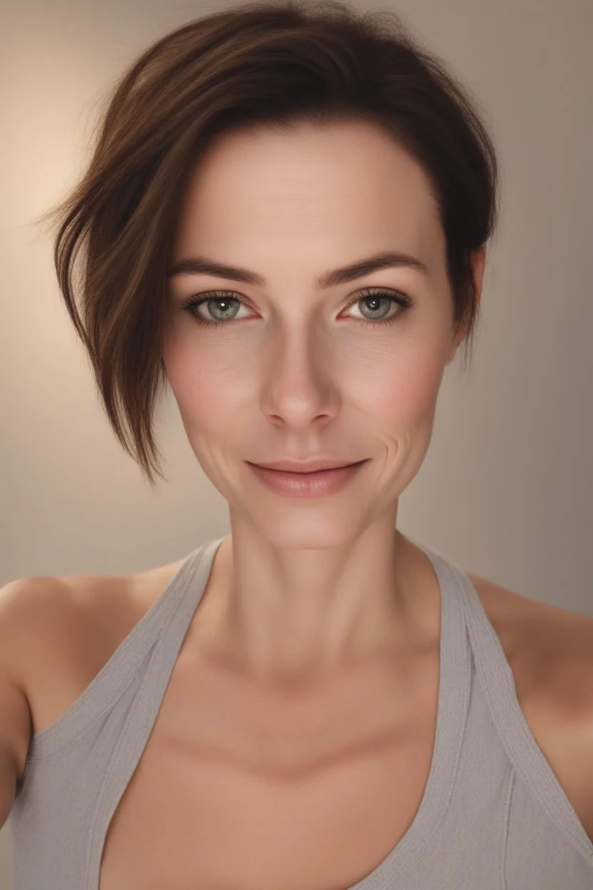 A selfie of a brunette woman, middle short hair taken after massage at spa salon. showing a 37-year-old European woman. She has white skin, tousled brown hair, face without makeup, big round dark brown eyes, cute profiled nose, detailed full lips, skin texture.