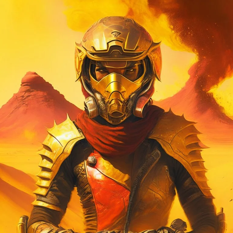 A portrait of a biker racer wearing full golden armour, in a desert with a volcano background. Magic the gathering style art. Diesel punk. Red ambient.