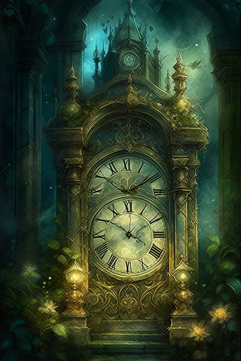 MAGIC antique carved clock close-up on a stone tower covered with ivy and roses against the background of a night-time fairy-tale city, magic, magical lighting effect, illustration to a fairy tale, multilayer watercolor, fireflies, fine drawing of details with pencils, realistic, digital art, colors grey, emerald, umbra, beige, gold