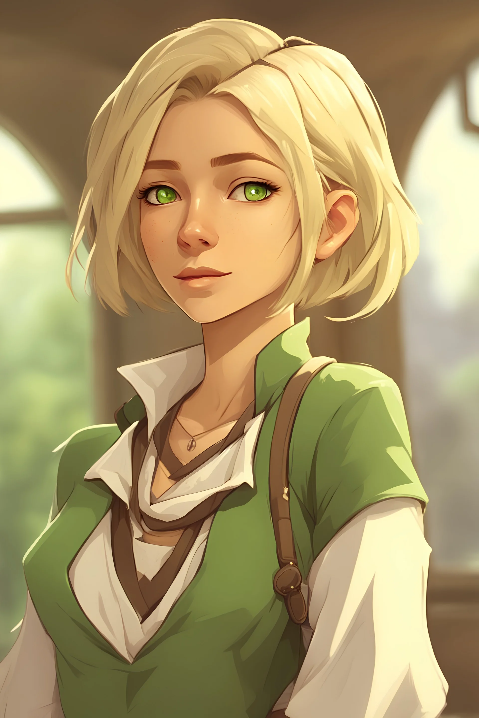 Character concept art, medieval 18 year old female, kind and gentle, soft green eyes, short- blonde- pixie bob hair style, tanned skin, scarred right arm, white blouse and green trousers with a bandana and a scarf