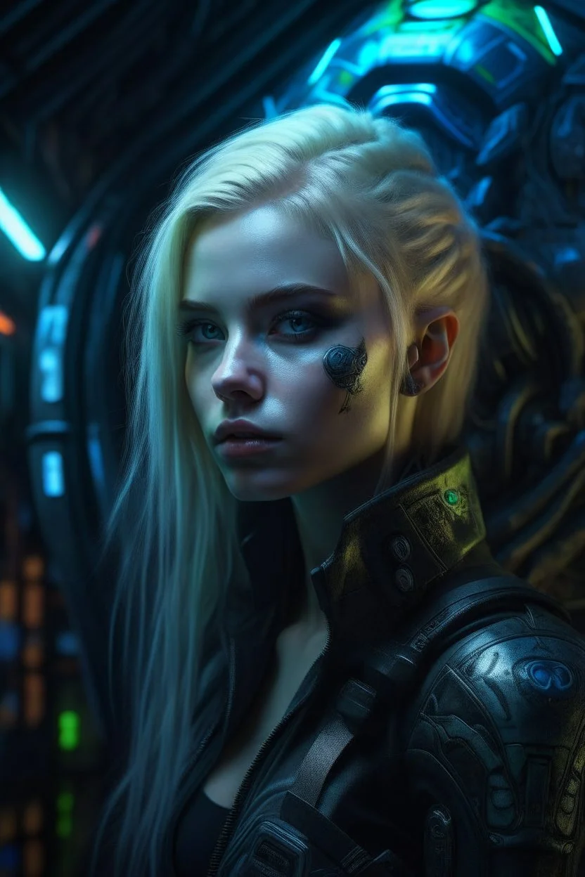 hyper real oil painting on canvass of blonde pierced cyberpunk Malkavian vampire chat robot portrait with clear blue-green eyes in moon light feeling in control in goth ruins Giger patterned background, zeiss prime lens, bokeh like f/0.8, tilt-shift lens 8k, high detail, smooth render, down-light, unreal engine, prize winning