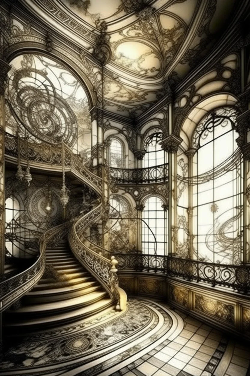 panorama, zodiac signs, filigree, swirling chaos in the Baroque style of the interior, mysticism, dramatic atmosphere, overdetalization, drawing details with ink