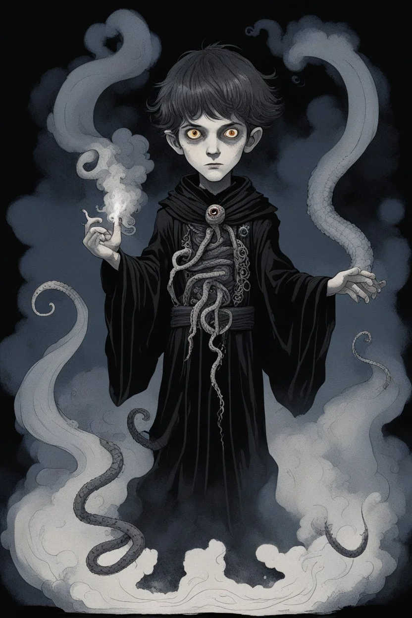7 year old boy, necromancer, friendly, with tentacle coming out of his stomach, surrounded by weird smoke with eyes, wearing black robes, in the style of Harry Clarke