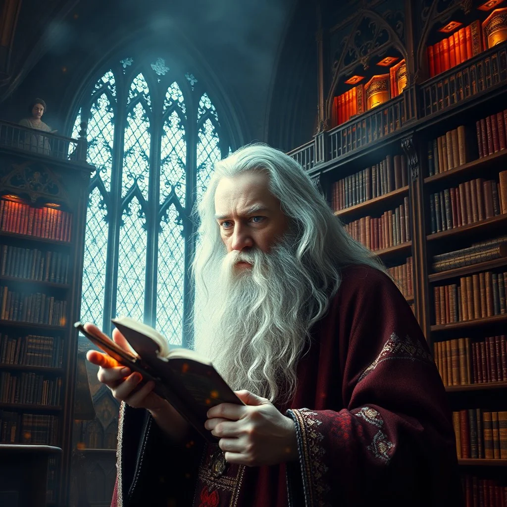 double exposure image of Gandalf the grey with a vast magical library, dramatic, stunning grand image, color photography