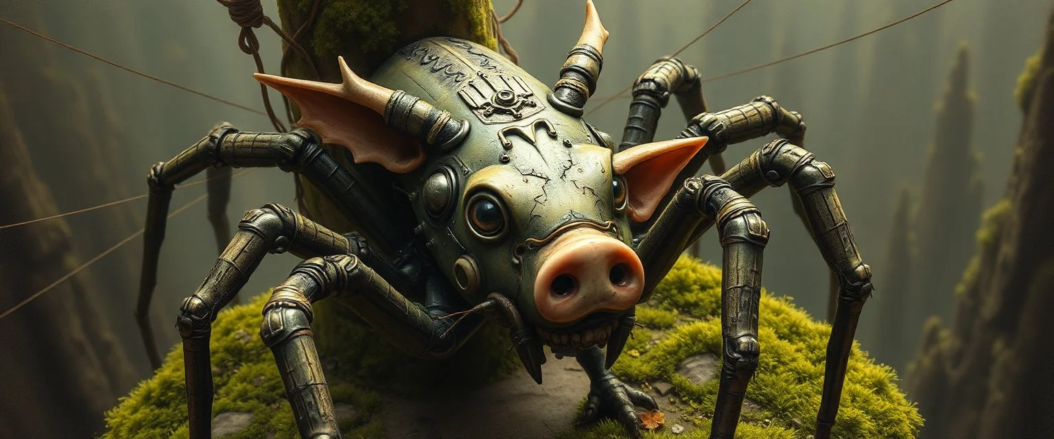 the weird face smart human nerd of a cyberpunk dragon spider cult robot with charm in web from mossy tower, master oil painting by Rembrandt and Escher, moss covered space station, brightened edges to give a sense of depth, pig in web