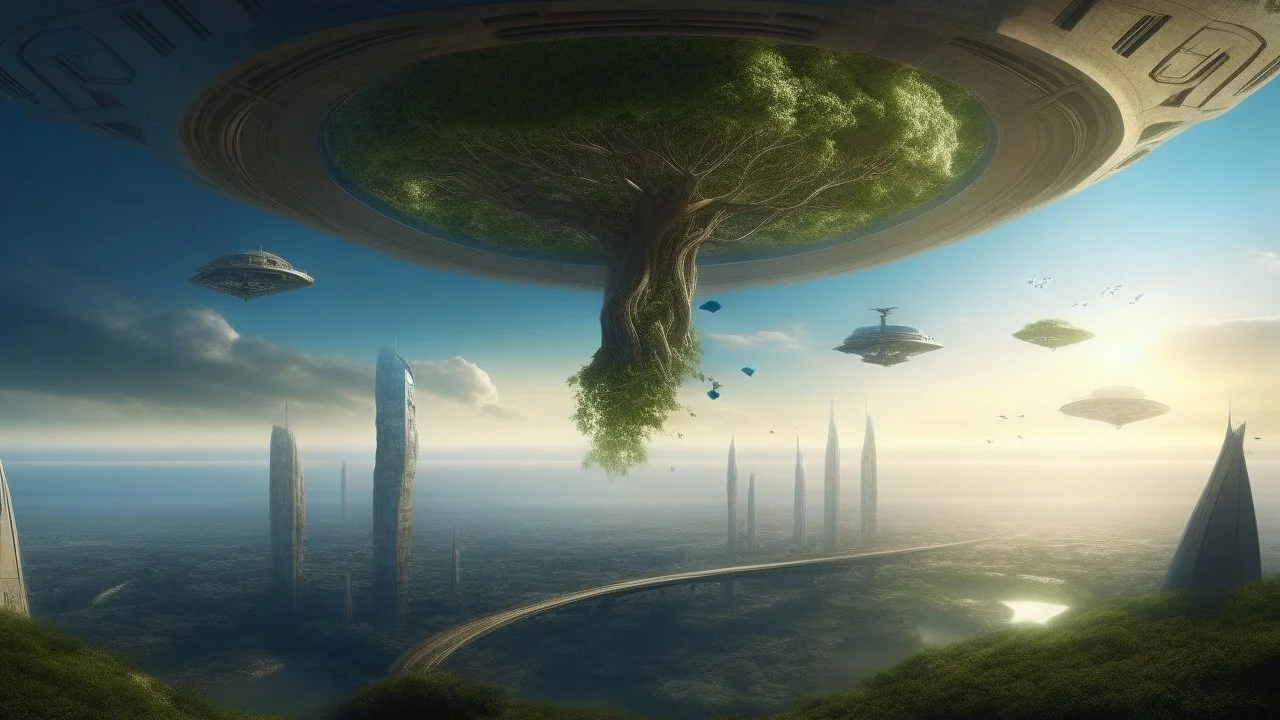 the last tree on earth, view from a far, portal to a space near the tree, few ships flying near the tree, city of the future year 4222, very realistic,