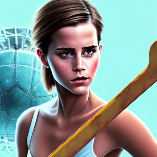 Emma Watson holding a hockey stick and a fly swatter