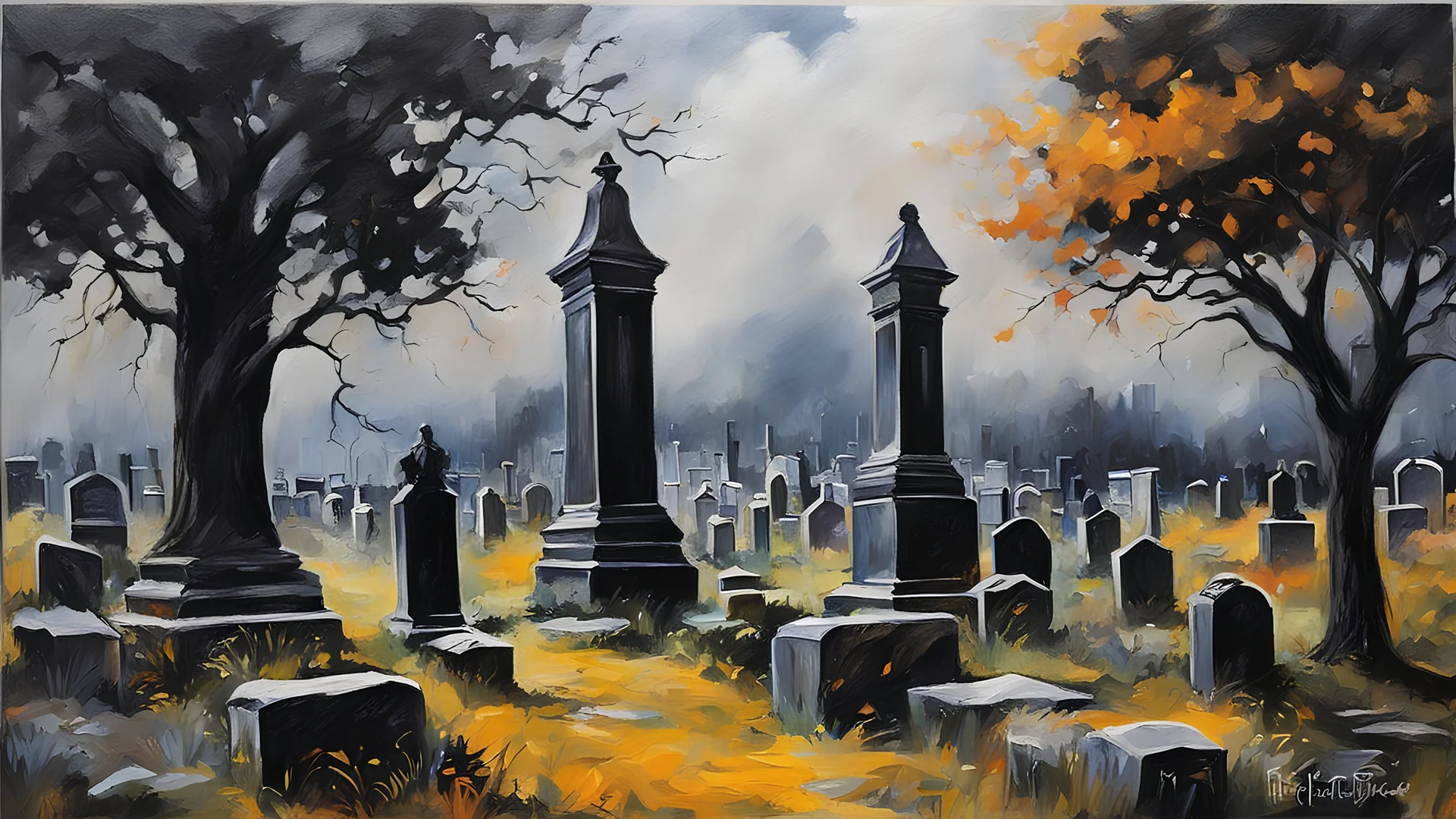 acrylic illustration, acrylic paint, oily sketch, graveyard, best quality, masterpiece