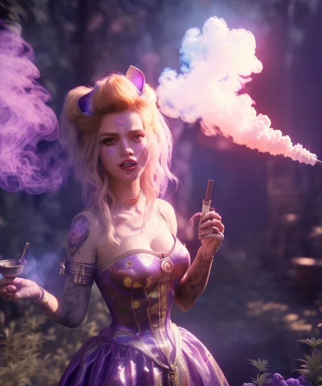 Ultra realistic wonderland photo, happy blonde woman smoking a shisha, blue dress, purple-cat friend, circus dress style, old school tattoo, smoke, marijuana garden, glow eyes, perfect iris, soft color, highly detailed, unreal engine 5, cinematic, ultra detail, volumetric lighting, high definition.