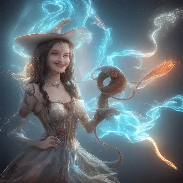 A beautiful smiling witch performing magic of water, fire, wind and earth with a wooden wand and crystal glowing in various colors with a background of large and beautiful dragons flying in an azure sky with a background of a snake Large with multiple heads, fully detailed