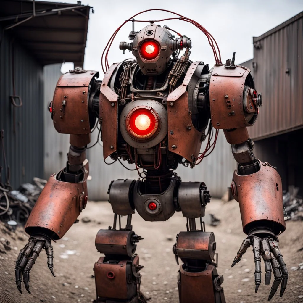 trash mech suit, human-sized, made of scrap metal, cockpit, light rust, round, one red glowing eye, loose wires, escape hatch