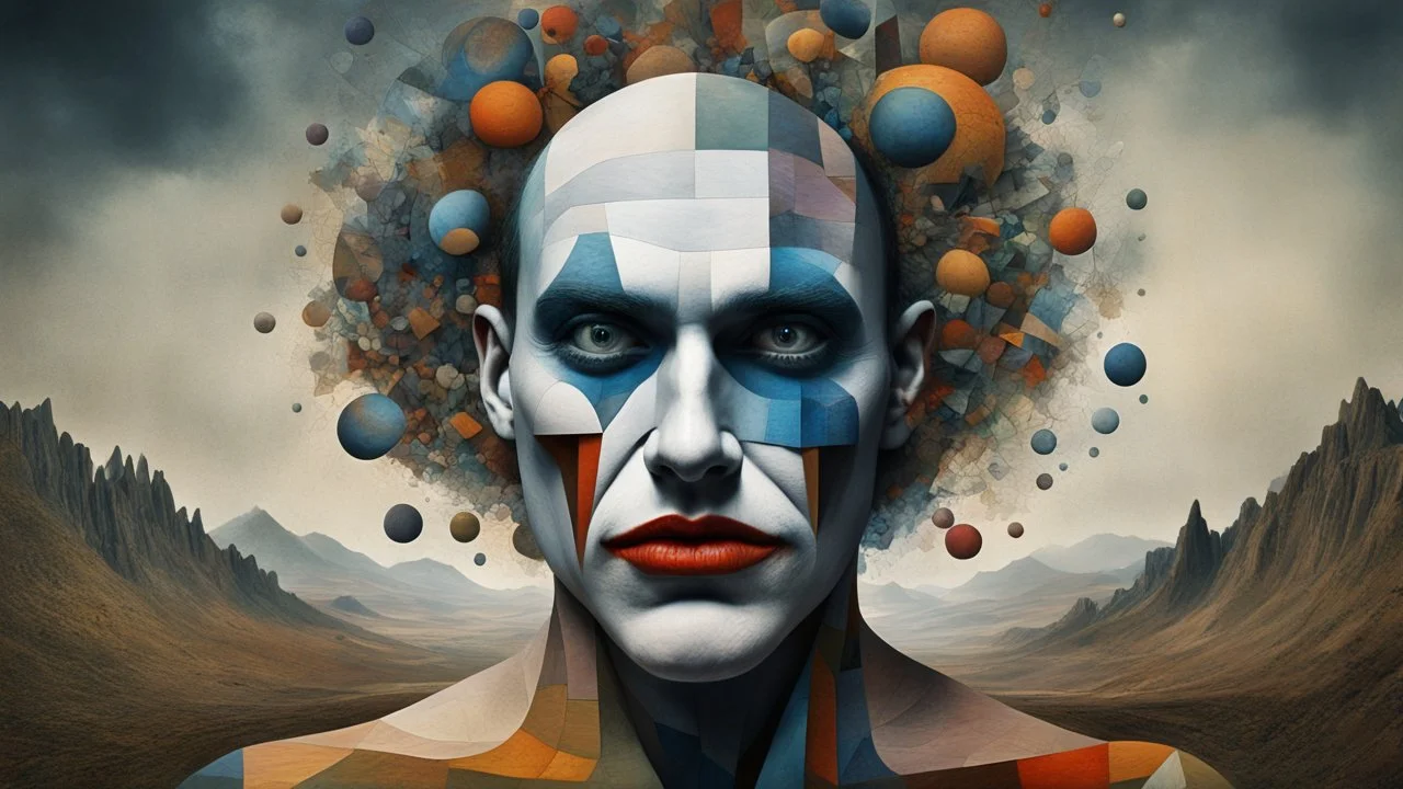 time-lapse photography, character from joker, Painting in the style of Igor Morski and Paul Klee blending elements of expressionism, cubism, futurism, surrealism, and abstractionism, a body entwined with surreal landscape, displaying human anatomy merging with fractal components of nature, earth tones dominate the canvas with selective color bursts, incorporating visual metaphors, Brazilian naturism fashion aesthetic, ultra realistic, digital painting, high intr