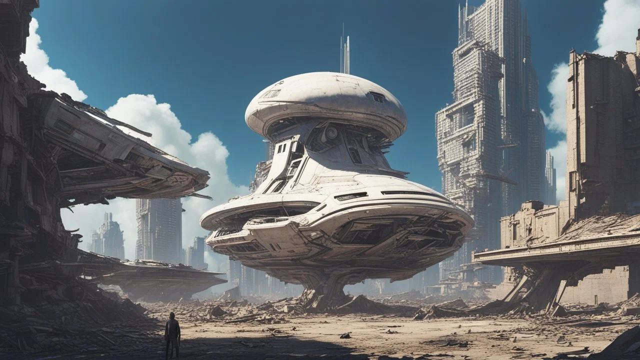 A small, wide, squat Spaceship in a ruined alien city, surrounded by tall damaged buildings, clear blue sky, small white clouds, photorealistic