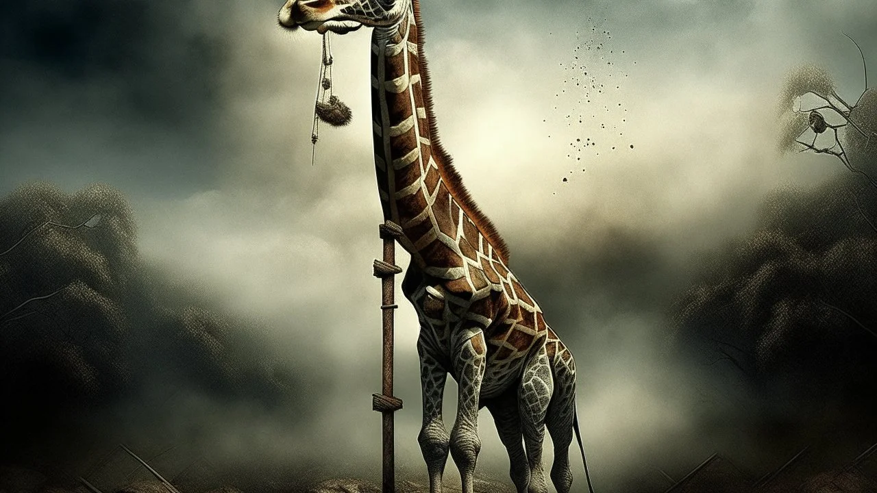 Create an intriguing image of a surreal being that merges the elegance of a giraffe with the brutality of a guillotine and the menace of a revolver. Picture a creature with a long, graceful giraffe neck ending in a sharp guillotine blade, its body transforming into a revolver cylinder, exuding an aura of strangeness and danger. This extraordinary figure encapsulates a unique fusion of disparate elements, challenging logic and sparking the imagination.