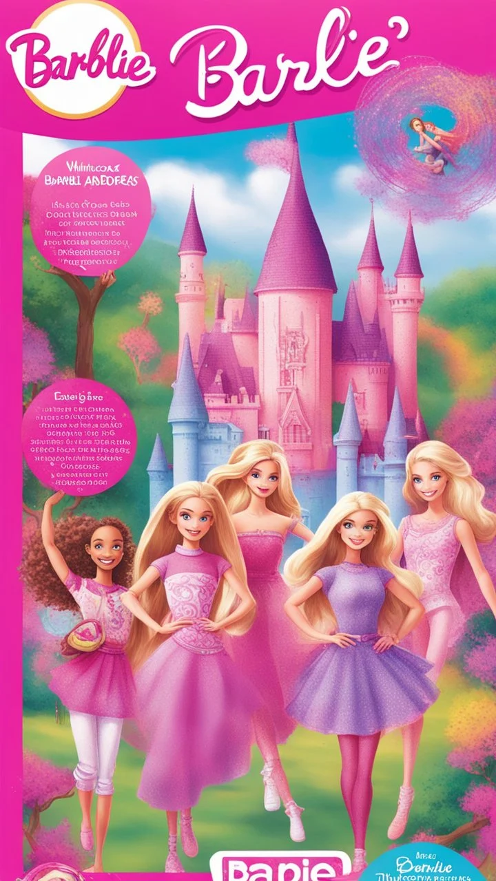 Create an image cover that captures the whimsical world of Barbie's magical adventure, filled with vibrant colors and excitement. Picture Barbie and her friends embarking on a journey through a fantastical landscape, encountering enchanted forests, sparkling castles, and magical creatures along the way. Let the cover radiate joy and wonder, enticing young readers to dive into a world of imagination and fun-filled activities.