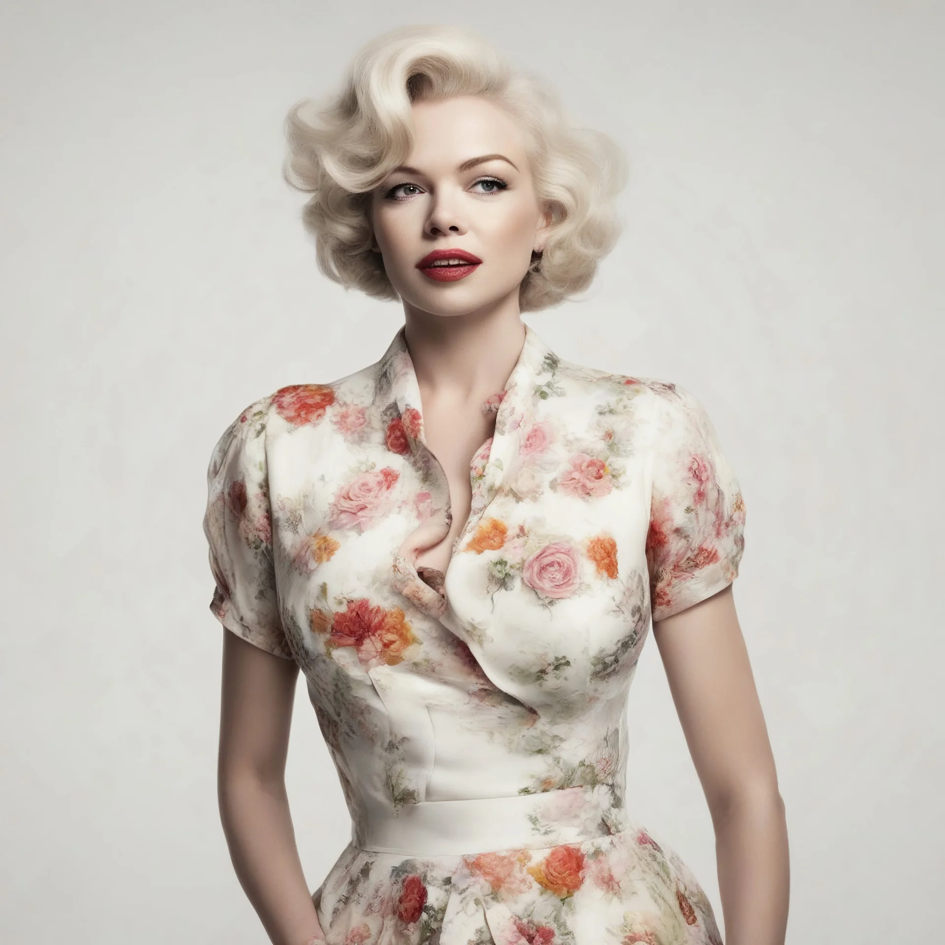 Michelle williams as marilyn monroe, in a flowered dress,, white bacground
