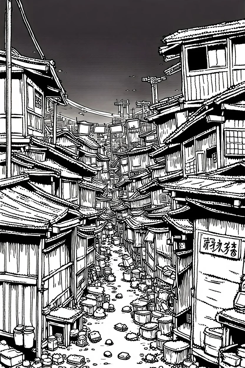 Tokyo shanty town, line arts, manga style