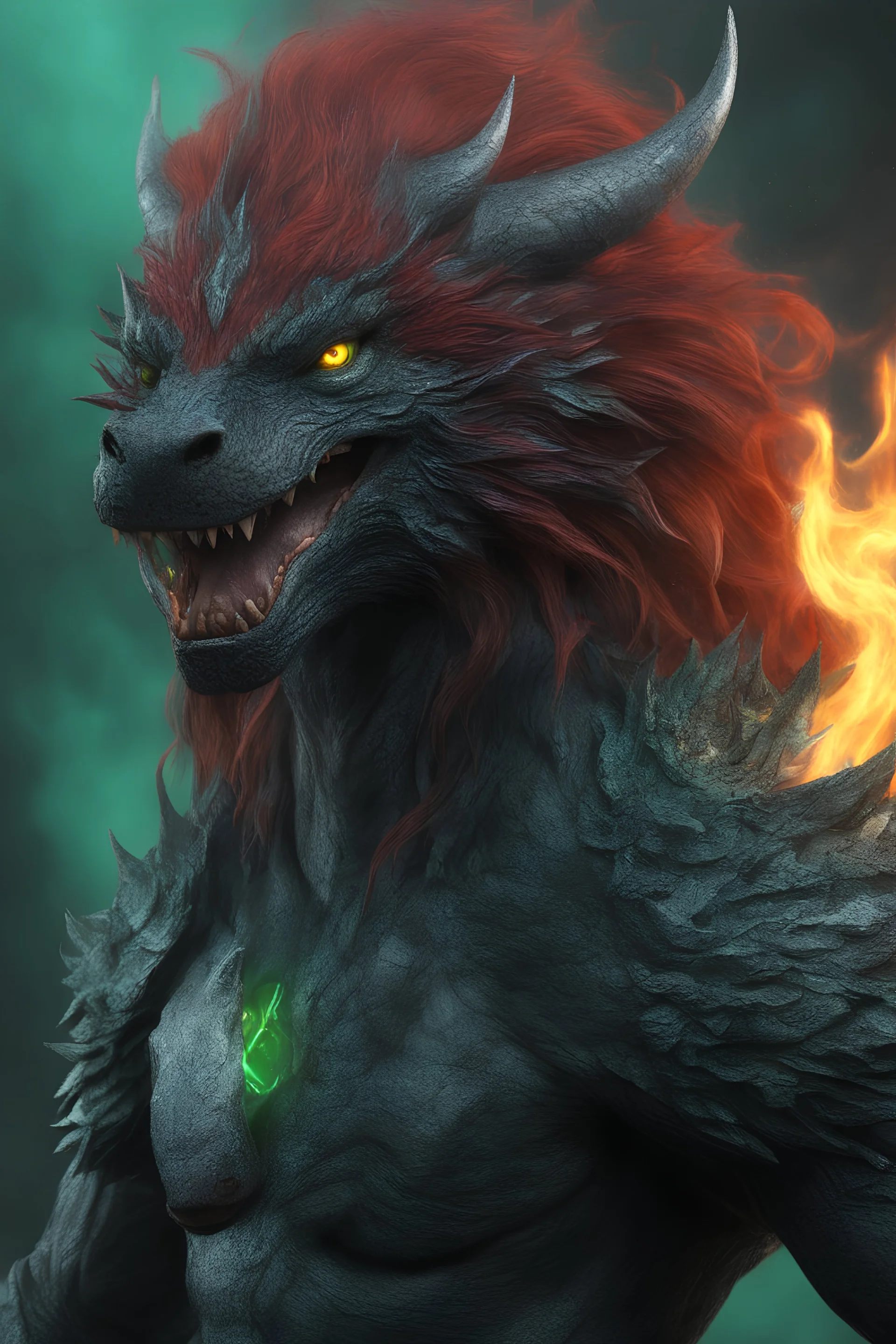 full body, 3D, the anthropomorphic black Chinese Indian werewolf Dragon with Long wavy, curly (((red hair))) and bright, (((sea-green eyes))), breathing fire - full color - 32k, UHD, 1080p, 8 x 10, glossy professional quality digital photograph - dark foggy gradated background, historic, powerful, octane rendering, exquisite detail, 30 - megapixel, 4k, 85 - mm - lens, sharp - focus, intricately - detailed, long exposure time, ((skin details, high detailed skin texture)