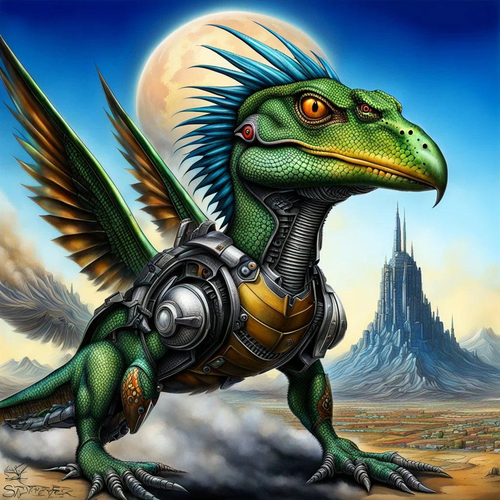 Lucky Stryker, Jet eagle lizard hybrid, biomechanical surrealism,