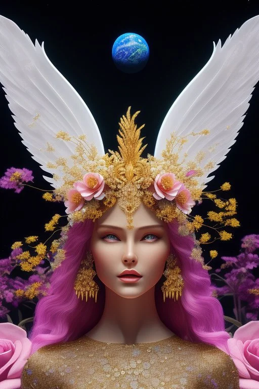 Flower, face,angel, blondie, beautiful place,amazing, cosmic, colors, planet, gold, realistic, photo real, stars night, detailed, high contrast, 8k high definition, unreal engine 5, extremely sharp detail, light effect, light background