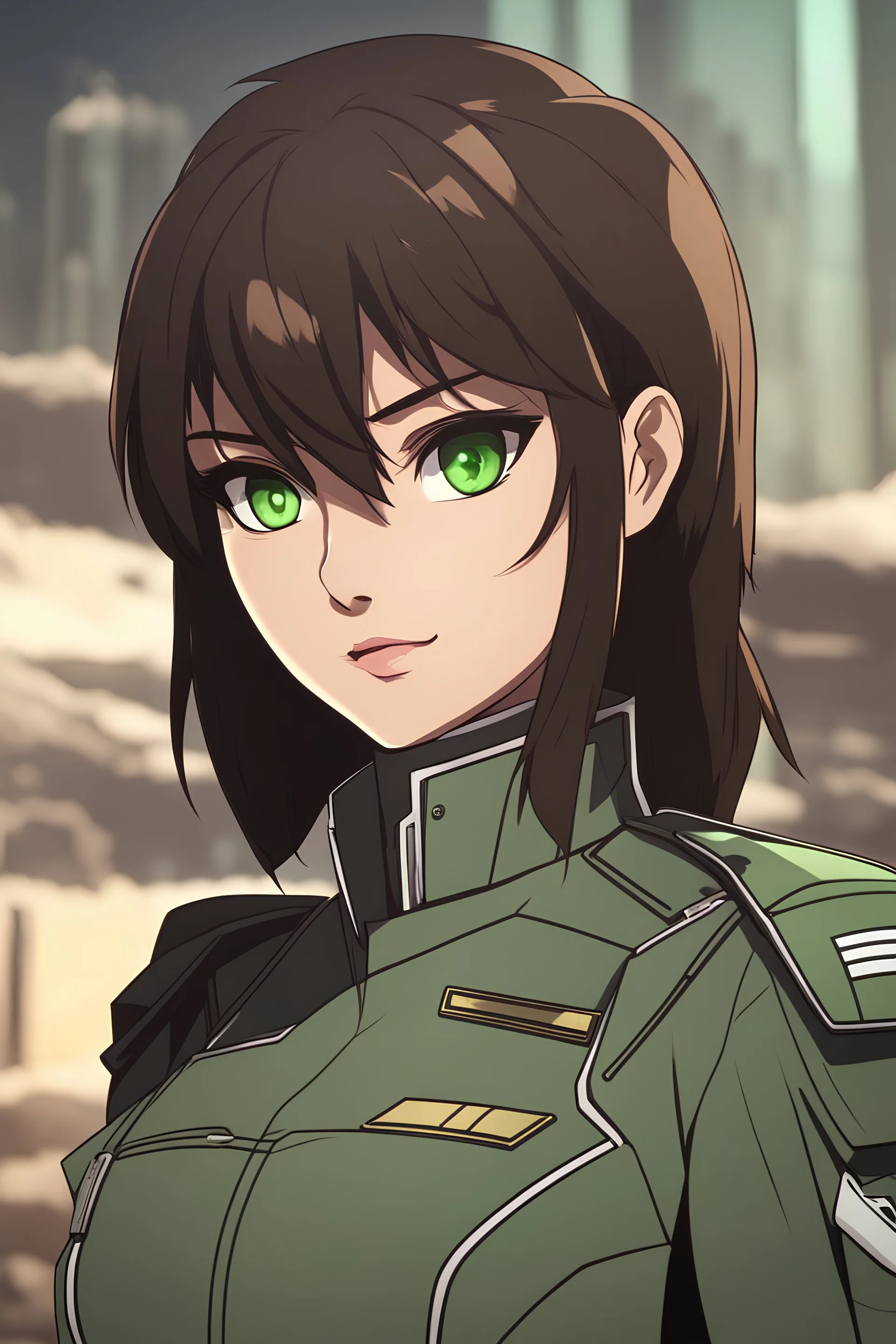 Woman with dark brown hair, vivid green eyes, futuristic military uniform, smirking, urban background, RWBY animation style