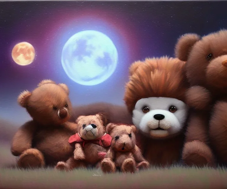 little boy and big teddy bears on moon. oil on canvas