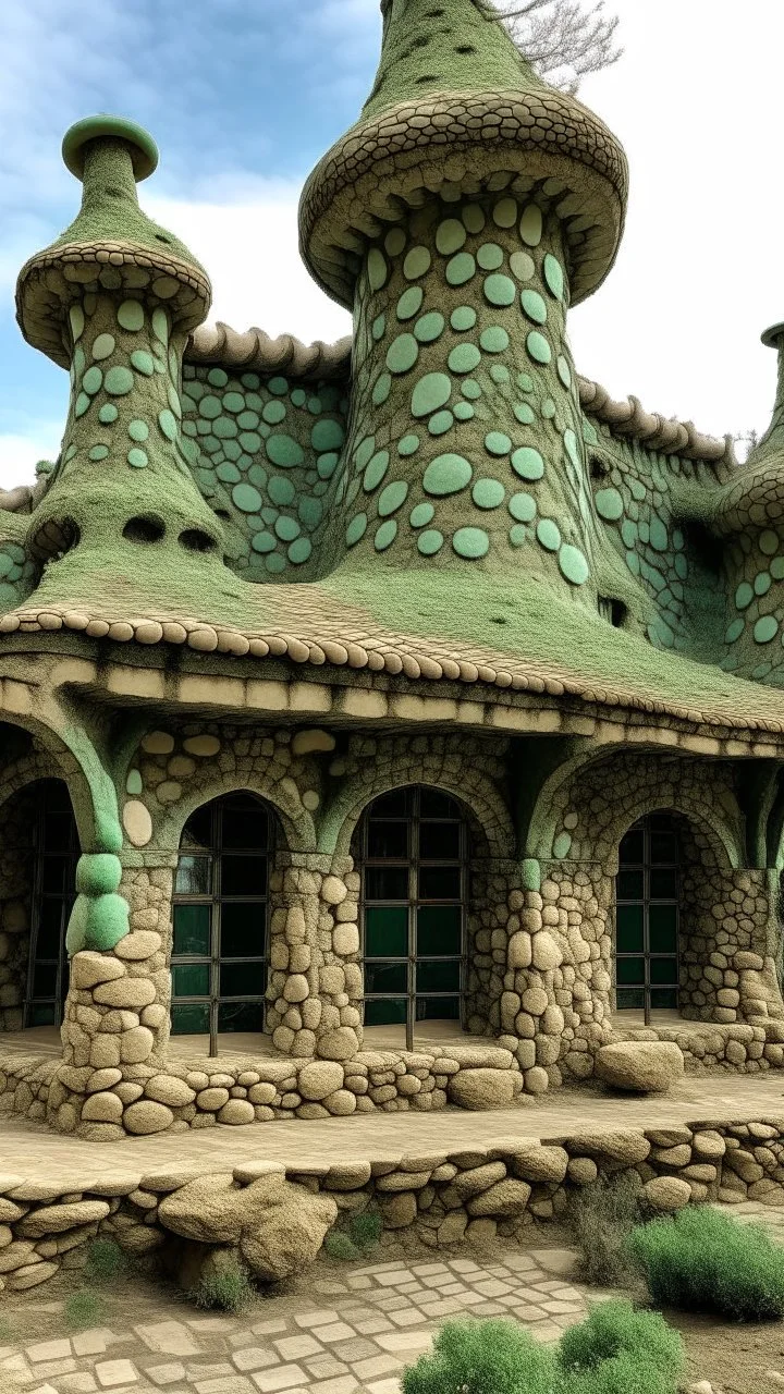 A grayish green fungus infested warehouse designed in ancient Greek pottery painted by Antoni Gaudi