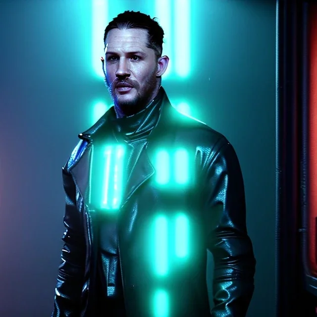 Actor, tom hardy, replicant man, blade runner style, rain, fog, neon ambient, gradient color, clean skin, circuits, latex coat, cyber punk, neon, tubes, portrait, studio photo, unreal engine 5, smooth color, 16 bit, god lights, ray tracing, RTX, lumen lighting, ultra deatail, volumetric lighting, 3d, finely drawn, hd.