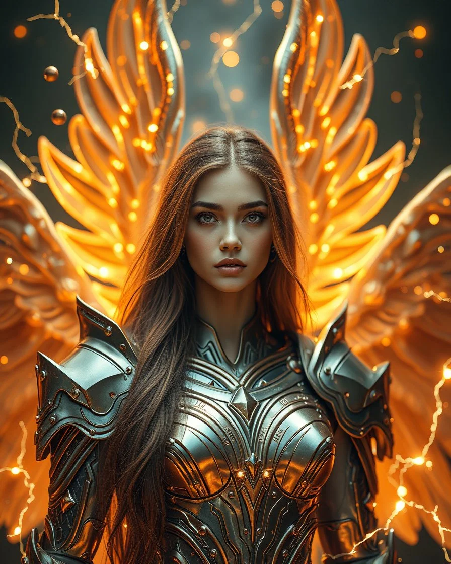 Luxurious Photography Beautiful Angel woman,luxurious armor,long hair stand face front in impact picture,translucent and glowing metallic patterns,glowing metal objects hovering in the air and surrounding him,Electric arcs and sparks,flow of energy,translucent magnetic lines,golden and shimmering light effects